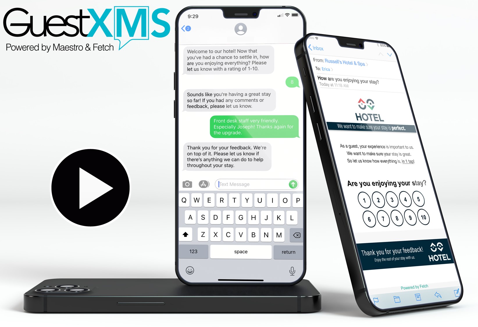 GuestXMS Main with Play Button 2 - Hoteliers Excited About Improved Guest Satisfaction with Maestro’s New GuestXMS Mobile Engagement & Feedback Tool - Innovative Property Management Software Solutions Powering Hotels, Resorts & Multi‑Property Groups.